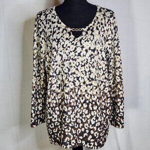 Alfred Dunner Tan Brown Cream Animal Bella Luna Metallic Jewelry Neck Top Sz XL